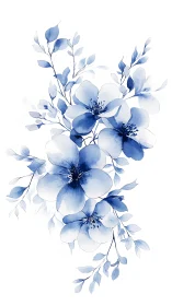 Delicate blue watercolor blossoms drift in serene white space