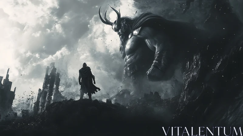 Monochrome mythic confrontation in desolate epic landscape.