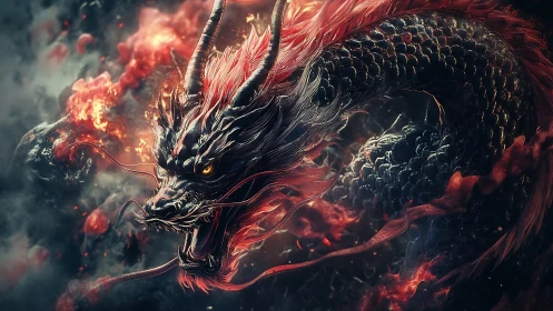 Coiled fire dragon rendered in hyper-detailed digital fantasy art