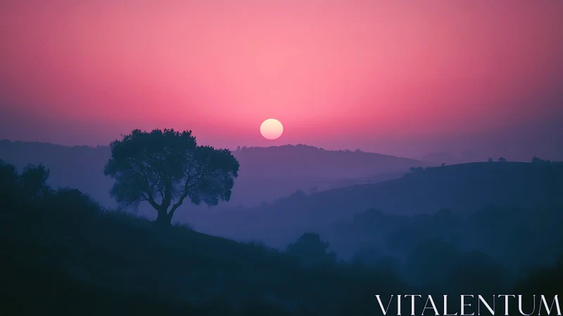 Solitary tree against pink sun over misty hills.