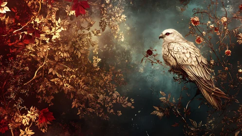 Elegant white bird on autumnal branch, fantasy art style.
