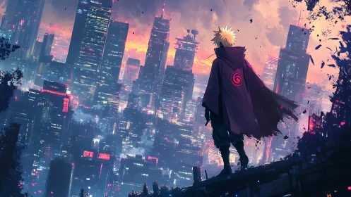 Cloaked anime wanderer overlooking neon cyber cityscape.