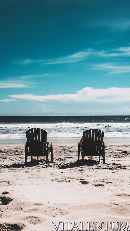 Two wooden loungers facing calm ocean under blue sky.