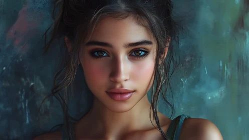 Digital portrait of young woman against textured teal wall.