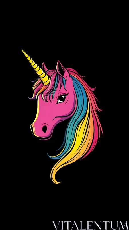 Neon night unicorn portrait with rainbow mane on black sky.
