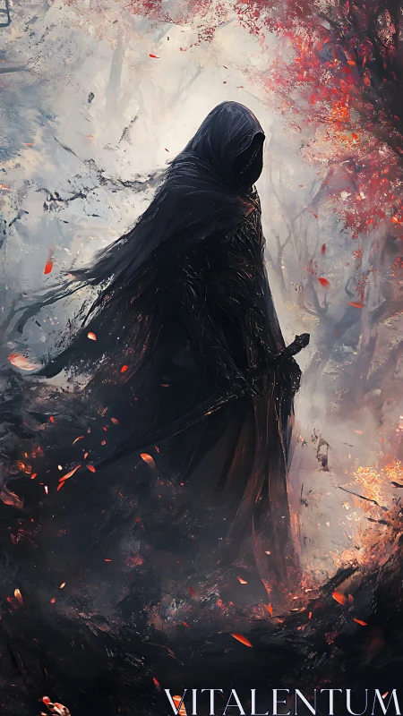 Hooded entropy warden amid incinerated autumn forestscape.