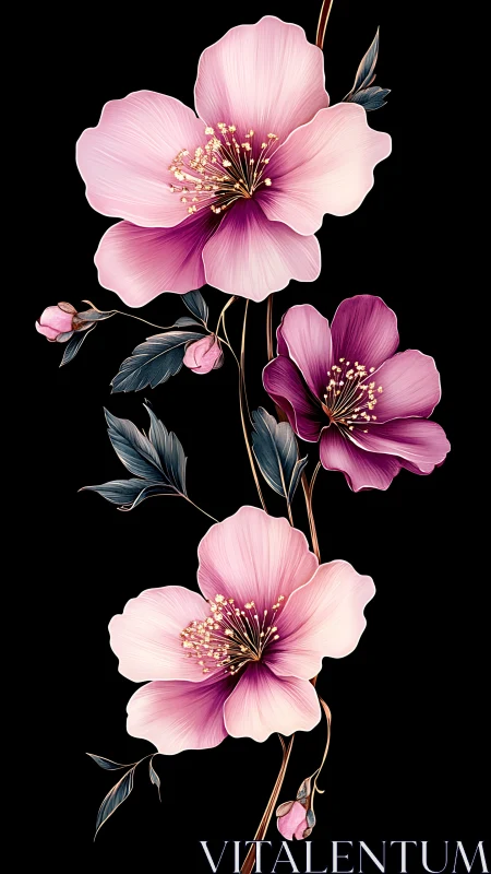 Botanical illustration depicting pink and magenta peonies with rendered anatomical stamen detail aga