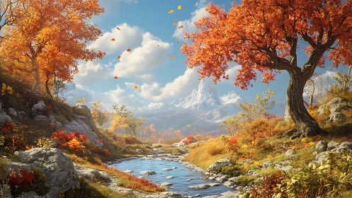 Golden autumn river trail beneath distant snowy peaks.