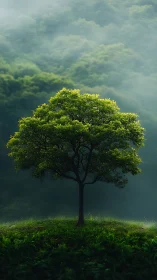 Solitary green tree on misty forest hill at sunrise.