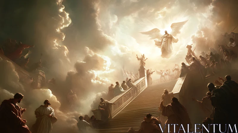 Golden stairway of heralded angels in thundering dawnlight.
