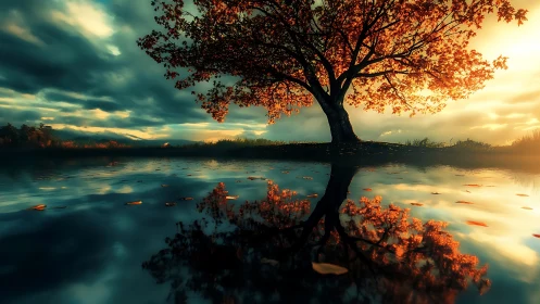 Autumn tree reflects in tranquil lake at golden sunset.