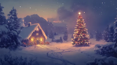 Snowy cabin and glowing Christmas tree under winter night