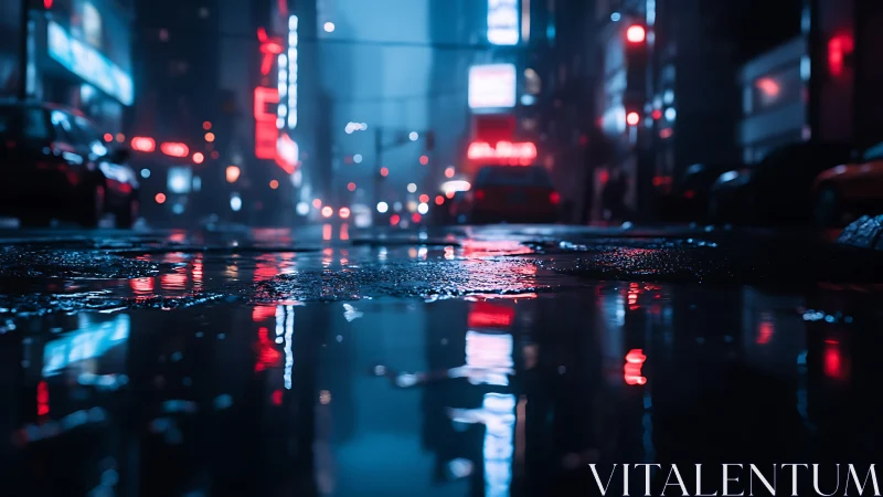 Moody neon city street glows in rain soaked reflections.