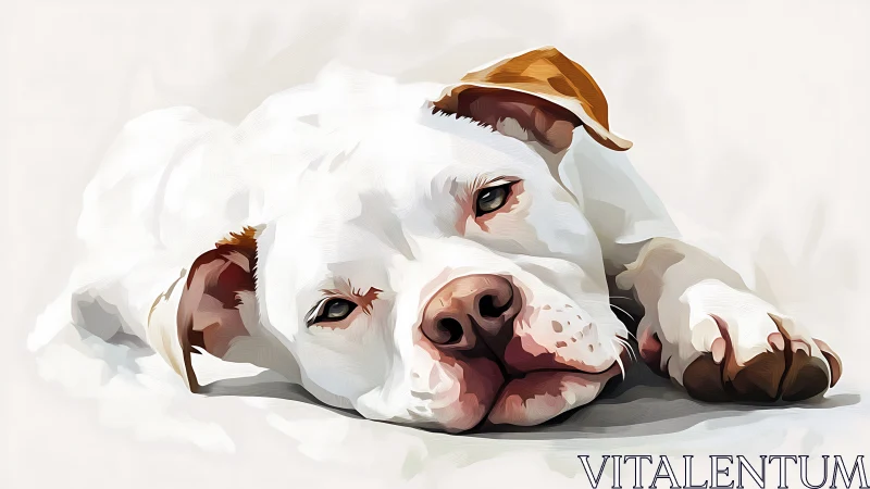 Low-angle digital painting shows relaxed white dog in soft light