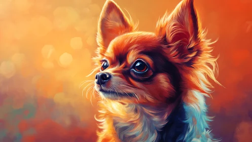Long-haired chihuahua portrait in warm digital painting style.