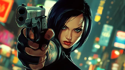 Dynamic cyberpunk assassin close-up with gunpoint perspective.