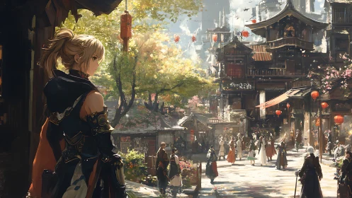 Digital painting of fantasy market street with armored heroine.