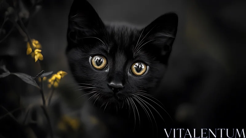Black cat with golden eyes stares directly at camera in darkness.