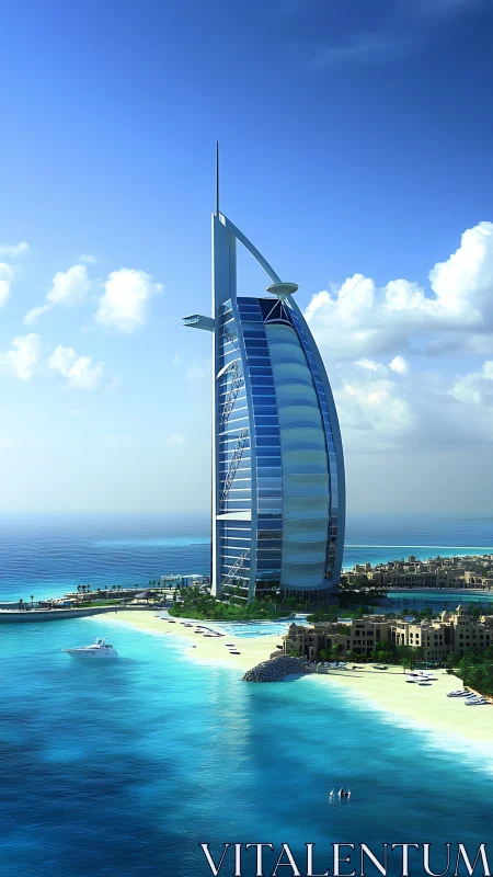 Sail-shaped coastal skyscraper with offshore hotel structure.