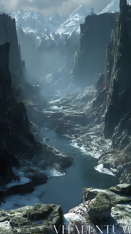 Snowy mountain gorge with winding river in cold light.