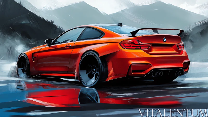 Red sports coupe drifts on wet mountain road at speed.