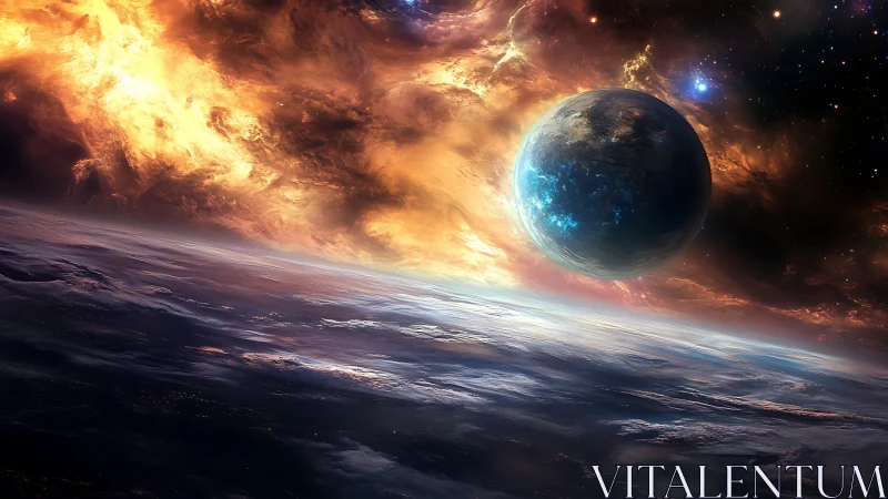 Dramatic exoplanet horizon rendered with luminous nebular light