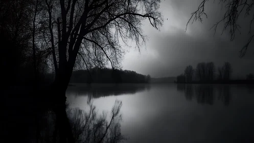 Moonlit stillness over a quiet, misty forest lake.