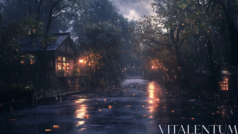 Digital painting of rainy forest lane with warm cottage lights.