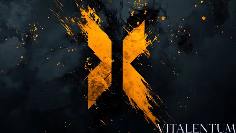 Bold orange angular symbol splits against dark textured background
