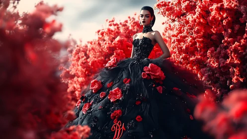 Gothic couture queen amid crimson blossom labyrinth.