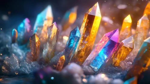 Radiant crystal cluster glows softly in a dreamlike cave