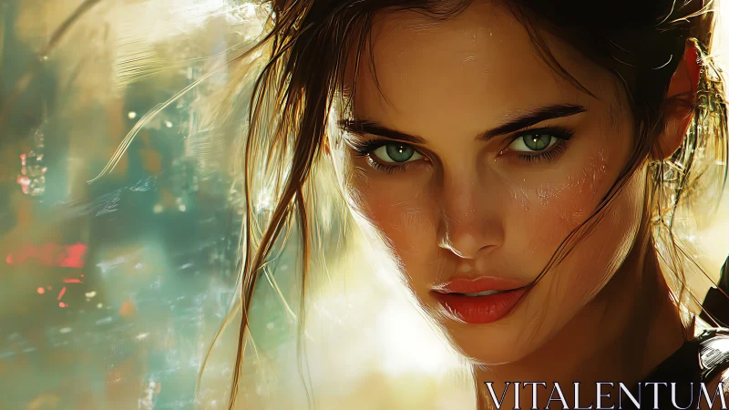 Hyperreal digital portrait of intense green-eyed woman gaze.