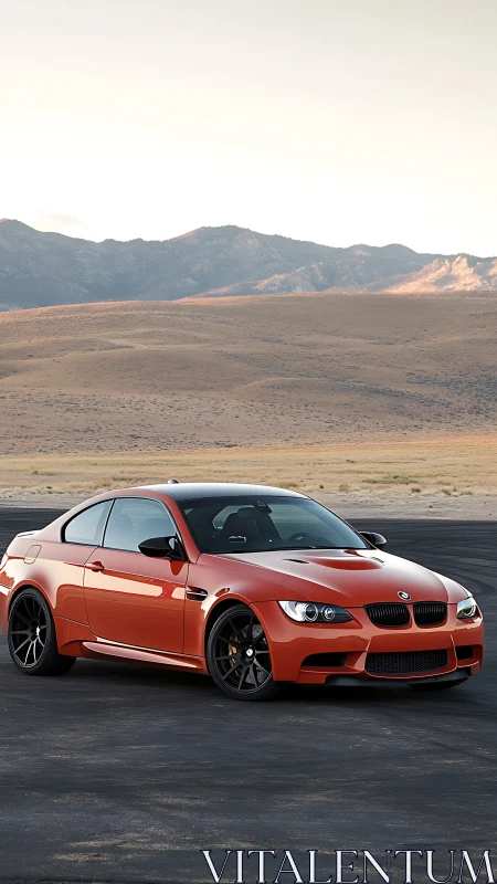Orange BMW coupe parked on asphalt in open desert landscape