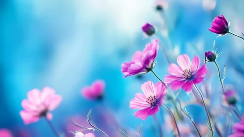 Digital painting of cosmos blossoms in shallow-focus bokeh field.