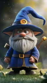 Chibi wizard gnome in blue robes stands in glowing forest.