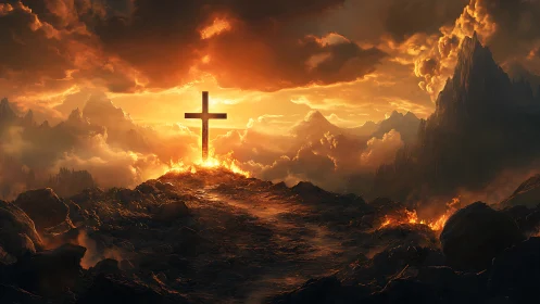 Fiery cross crowns volcanic ridge under apocalyptic sunset sky