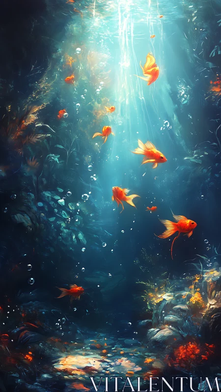 Golden koi drift through a sunlit, dreamlike undersea realm.