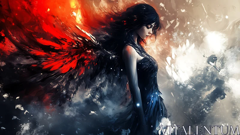 Winged dusk siren ablaze between crimson fire and pale dawn.