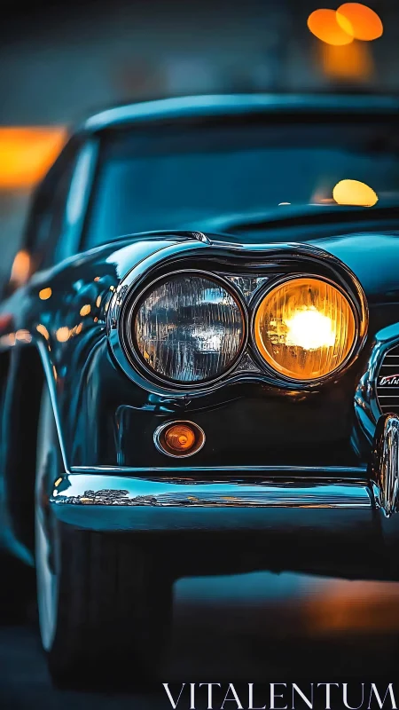 Midnight classic car gleams with golden headlights and chrome.