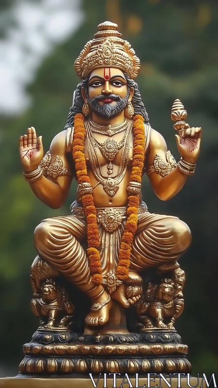 Polished bronze Hindu deity statue with garlanded seated posture