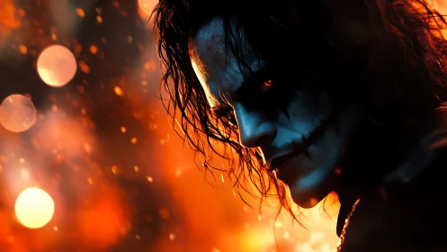 Side profile of dark figure with painted face in firelight.