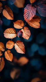 Macro study of rust-toned leaves with cool bokeh isolation.