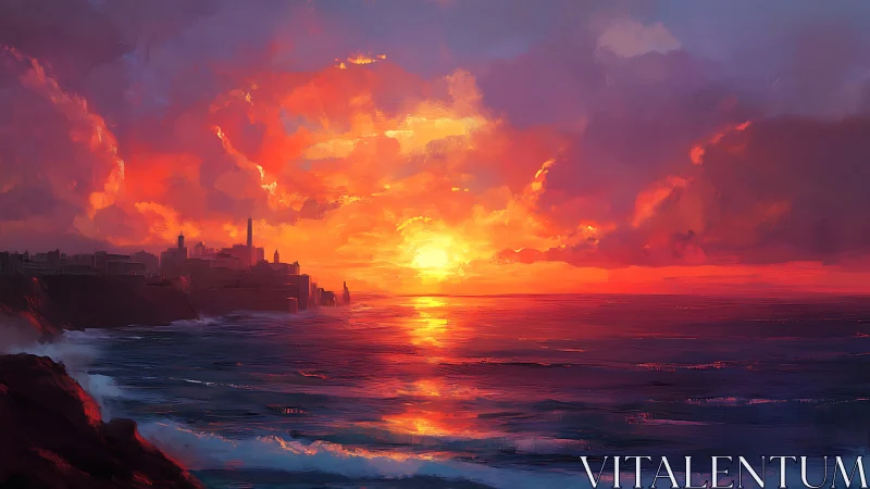 Industrial coastline sunset with luminous stratocumulus sky