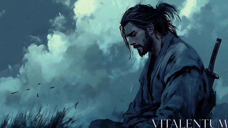 Solitary samurai in stormlit field under brooding clouds.