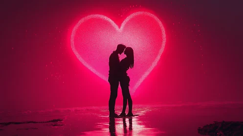 Two Hearts Kiss Under a Glowing Pink Heart