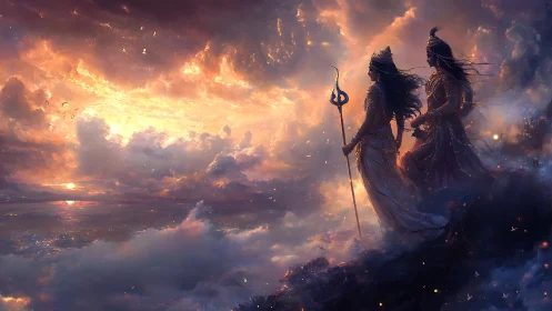 Two robed figures stand above clouds facing a burning sky