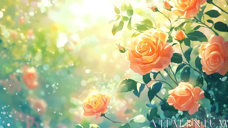 Sunlit peach roses glow against soft bokeh garden haze