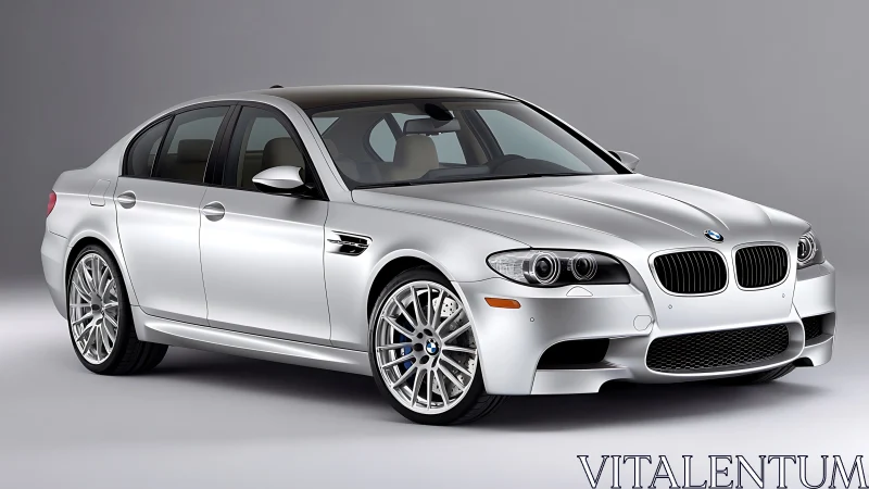 Silver performance sedan in controlled studio frontal perspective.