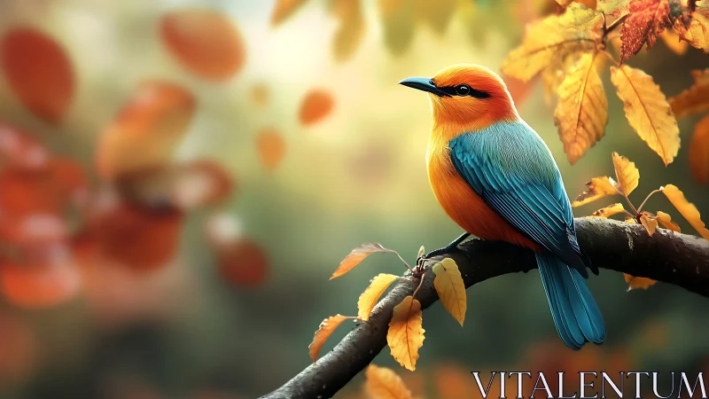 Vibrant blue and orange bird on autumn branch, realistic digital art.