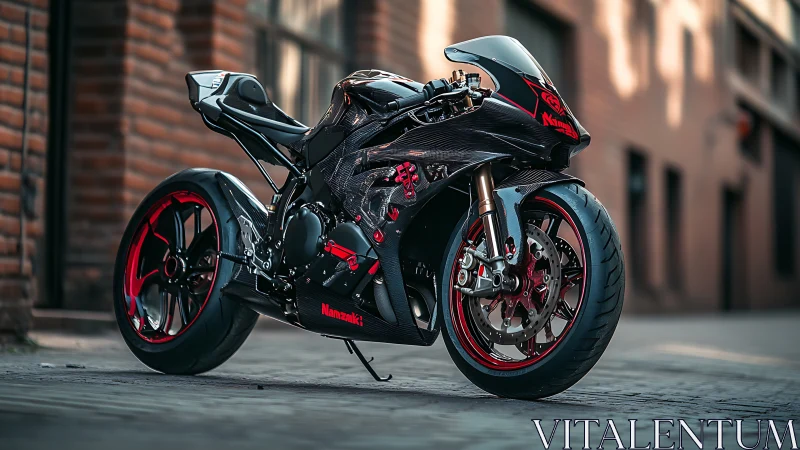 Carbon fiber superbike stands on cobblestone street in low light